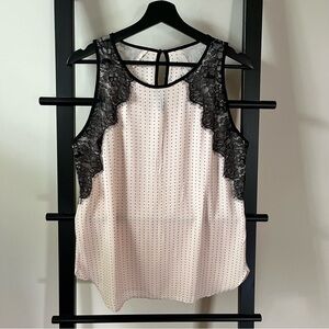 Loft Top Pink Black Polka Dot Sleeveless Lace Trim Sheer Top Sz S
